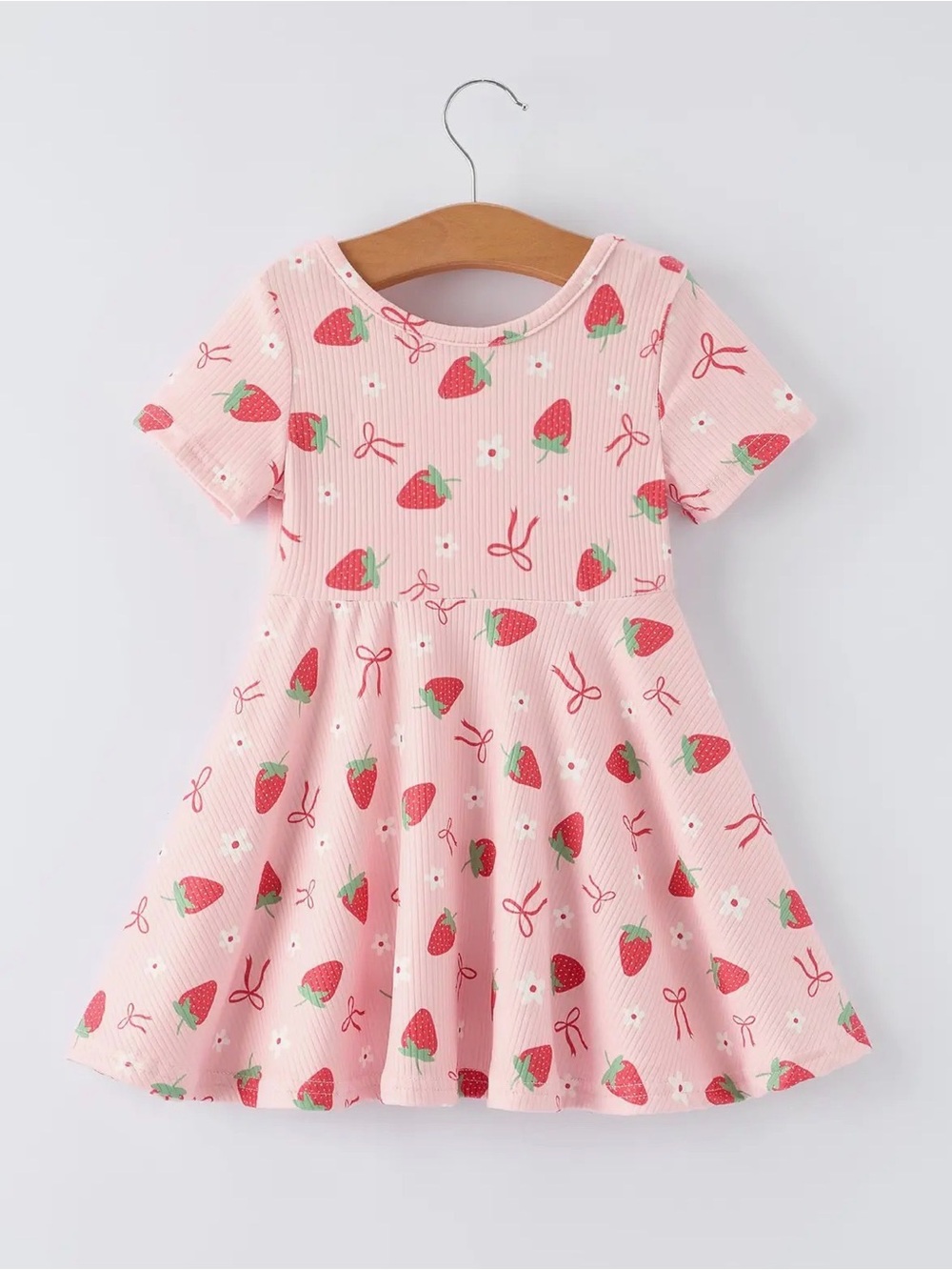 Pink Strawberry Print Short Sleeve Casual Kids Dress